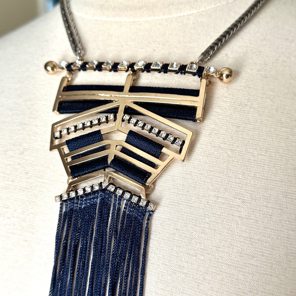 NORDSTROM statement necklace gold NAVY TASSELS silver rhinestones big bib long - Picture 3 of 9